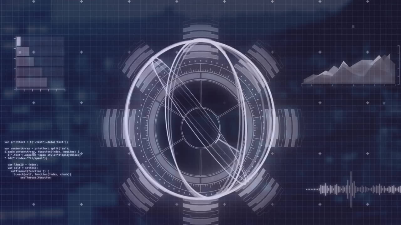 Animation of circles on arc reactor, graphs and computer language over abstract background