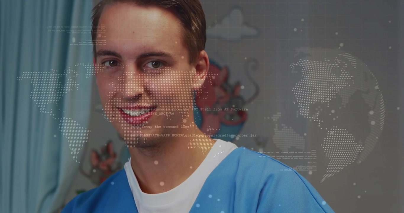 Clinico che sistema lo stetoscopio mentre la telecamera zooma, sorridendo per rassicurare i pazienti con una sovrapposizione di mappa
