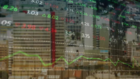 animation of financial data processing over cityscape