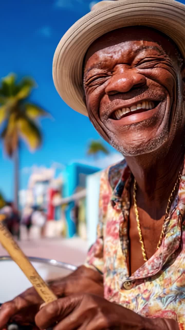 Baterista alegre com roupas vibrantes ilumina as ruas com música, transmitindo felicidade e vivacidade em um ambiente tropical com edifícios coloridos como pano de fundo