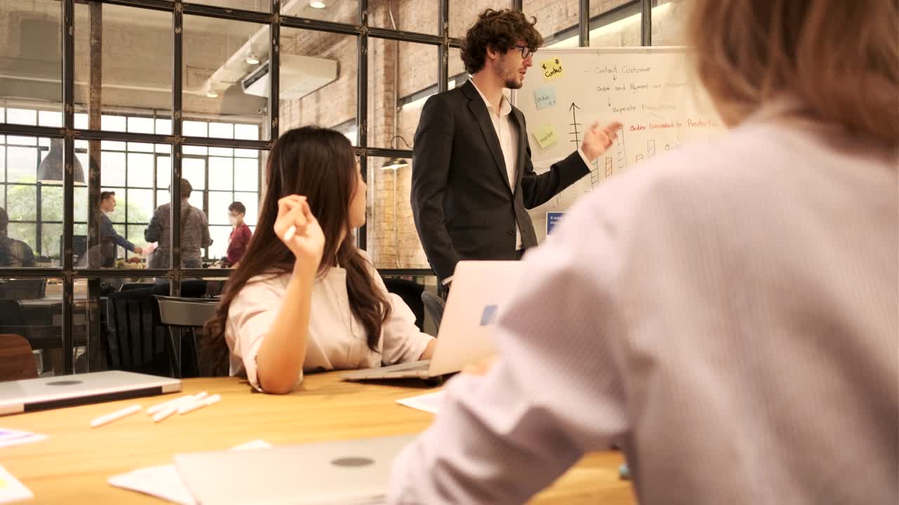 동료의 팀과 동료들은 회의에서 토론하면서 브레인스토밍을 했습니다.