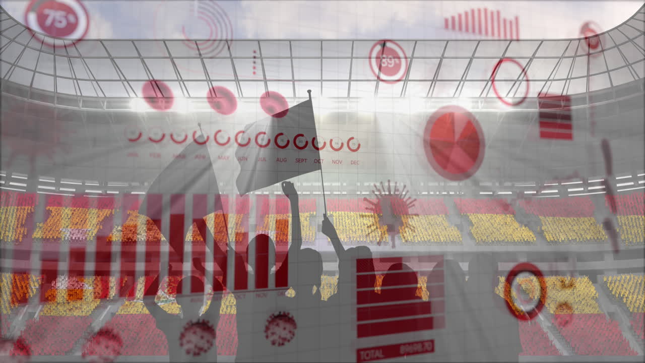 스포츠 경기장을 응원하는 팬들의 실루 ⁇ 에 대한 코로나바이러스 통계 데이터 처리