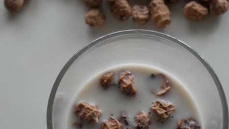 top view of horchata chufa with tiger nuts floating in a glass of creamy drink
