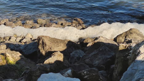 Felsen-Am-Flussufer-Mit-Schaum-Vor-Verschmutzung---Nahaufnahme