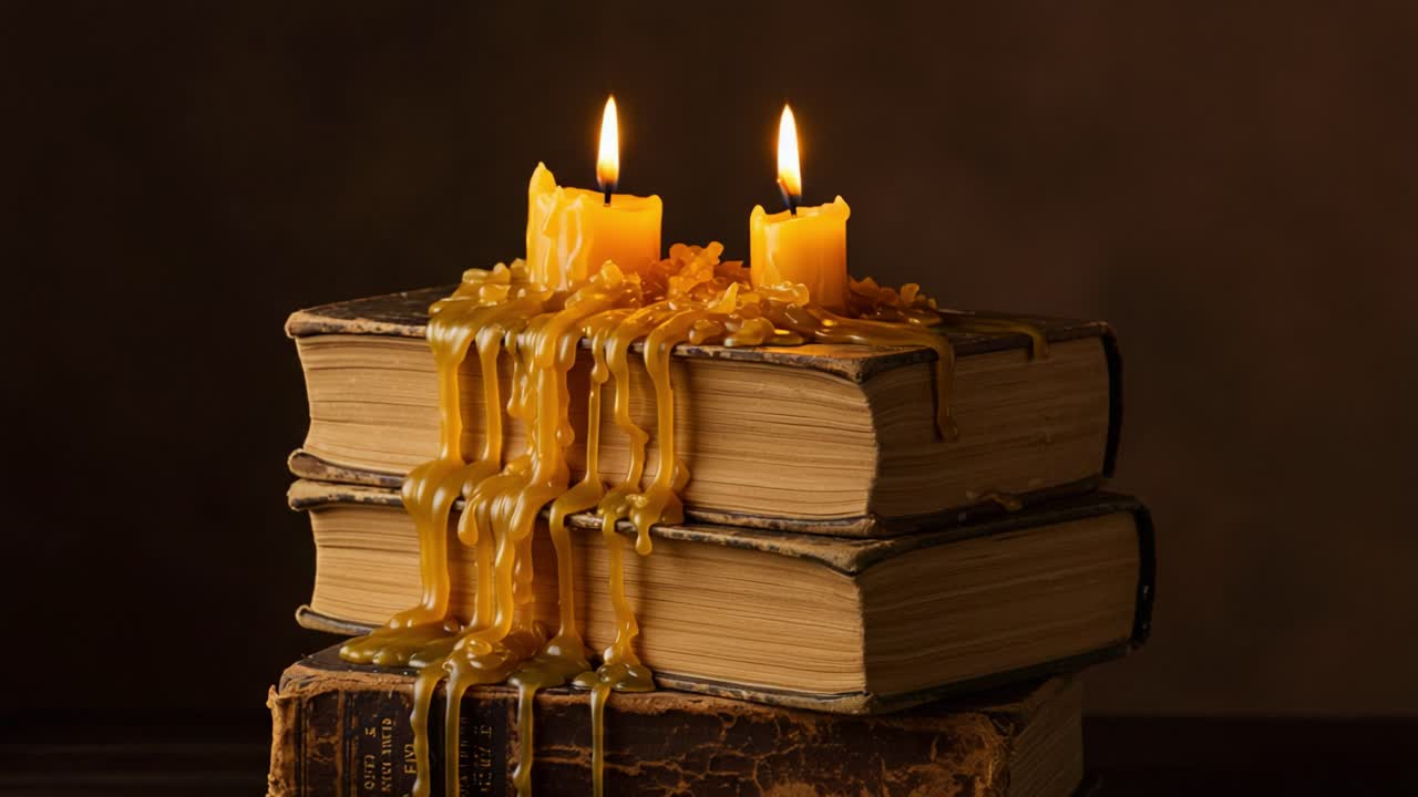 Composizione estetica di candele che si sciolgono su pile di libri vintage, creando un'atmosfera calda e invitante per la lettura o il relax.