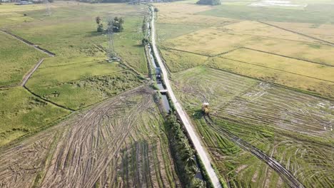 vuelo aéreo sobre el camino en el campo de arroz. parque cosechador en el campo.