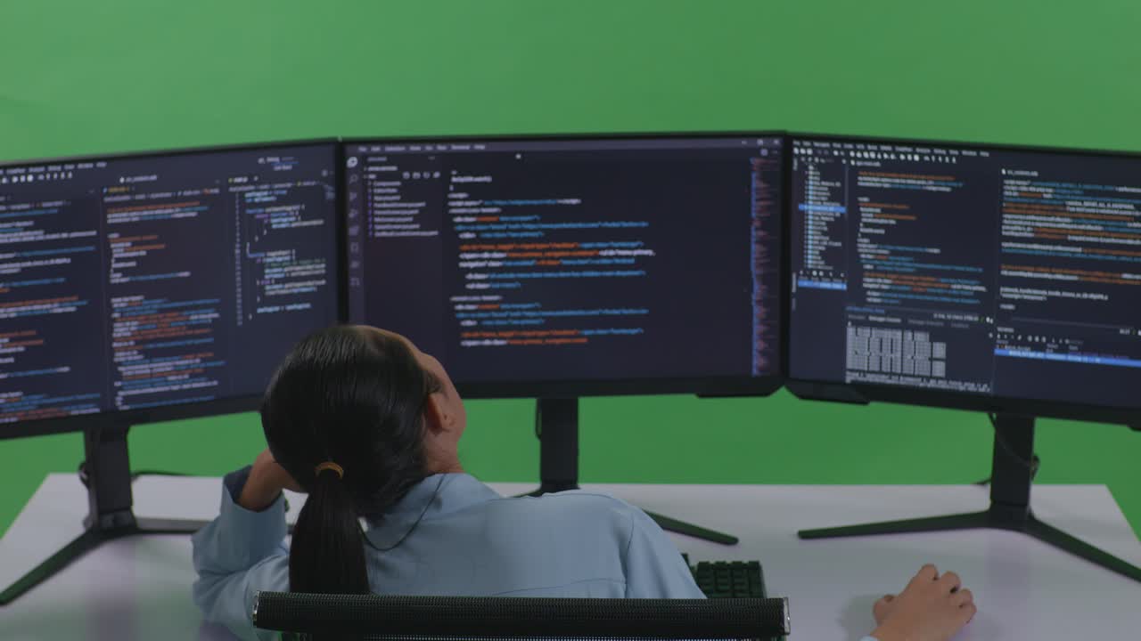 Back View Of Bored Asian Woman Developer Write Code With Multiple Computer Screens In Green Screen Studio