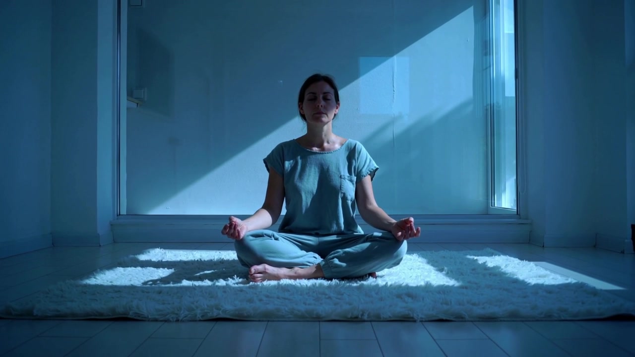 Donna seduta in un completo azzurro, che medita su un tappeto bianco vicino alla finestra con un raggio di sole che cade su un cavo.