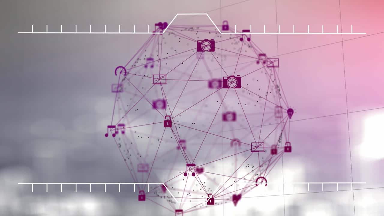 animación de un globo de iconos digitales girando contra un fondo de gradiente rosa.