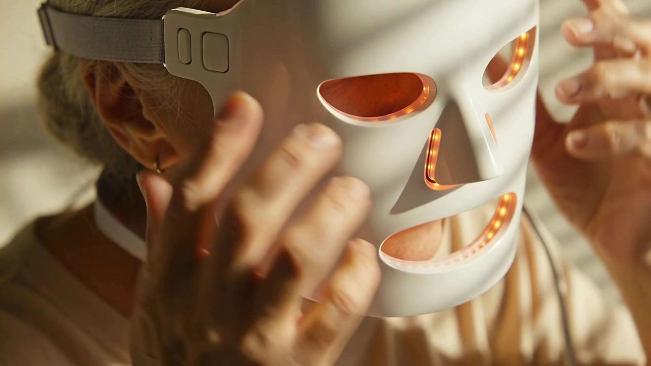 Starší žena si doma nasazuje LED obličejovou masku s oranžovými LED diodami svítícími pro terapii.
