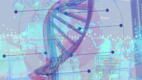 animación de la cadena de adn sobre procesamiento de datos y mapa del mundo