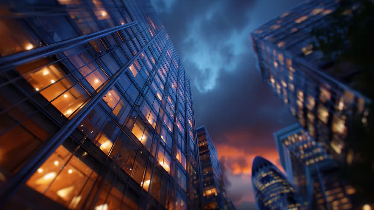 Un meraviglioso skyline urbano al crepuscolo mette in mostra l'architettura moderna con edifici adibiti a uffici illuminati su un cielo ricco di nuvole che passa dal giorno alla notte