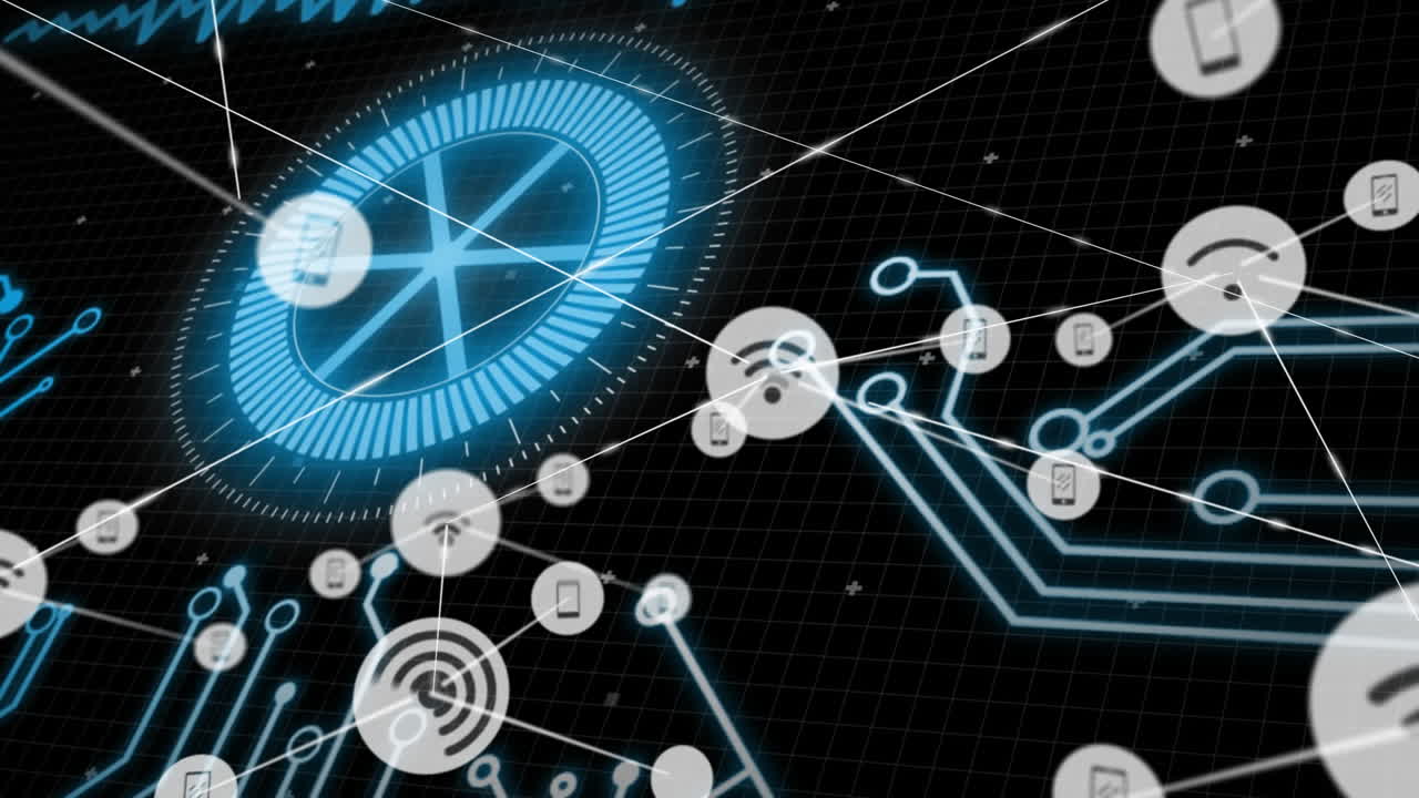 검은 바탕 위의 데이터 처리 및 연결 네트워크의 애니메이션