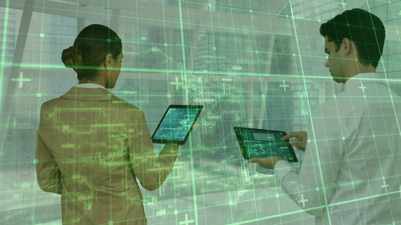 animación del procesamiento de datos sobre hombres y mujeres de negocios que usan tabletas