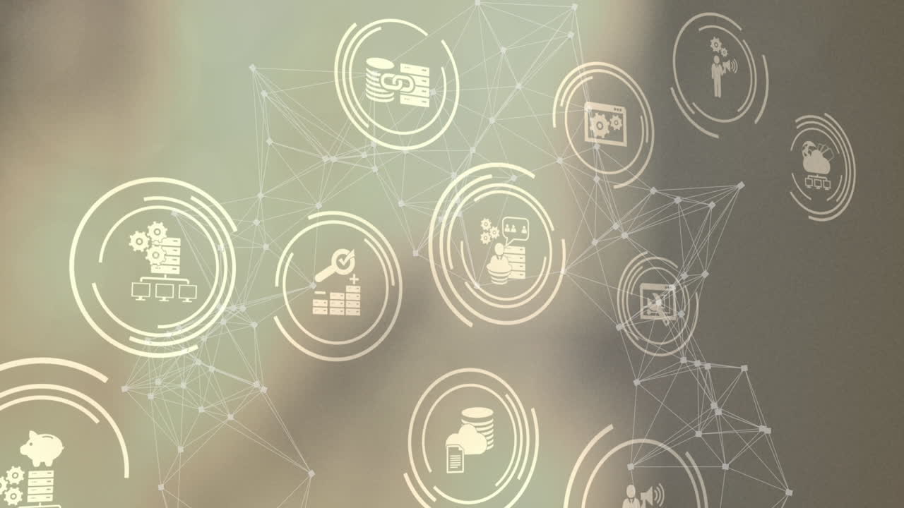 animación de múltiples iconos digitales y red de conexiones contra un fondo gris gradiente