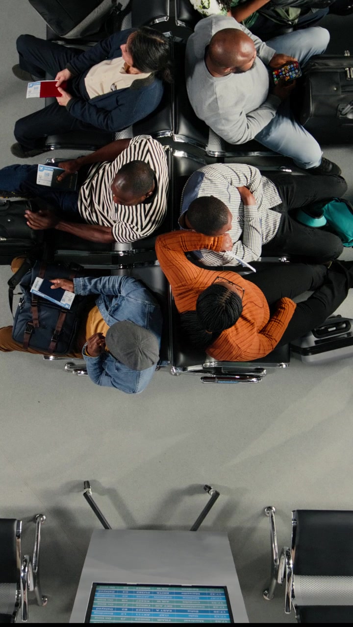 Overhead View of Diverse Passengers Waiting in Airport Terminal