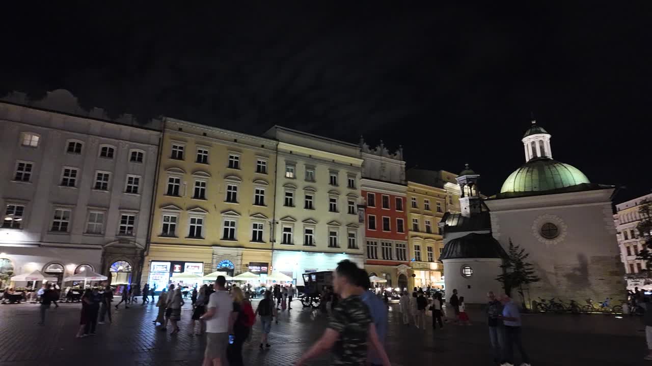 Bustling evening scene at the main square in Krakow, Poland, with people enjoying the vibrant nightlife and illuminated architecture.
