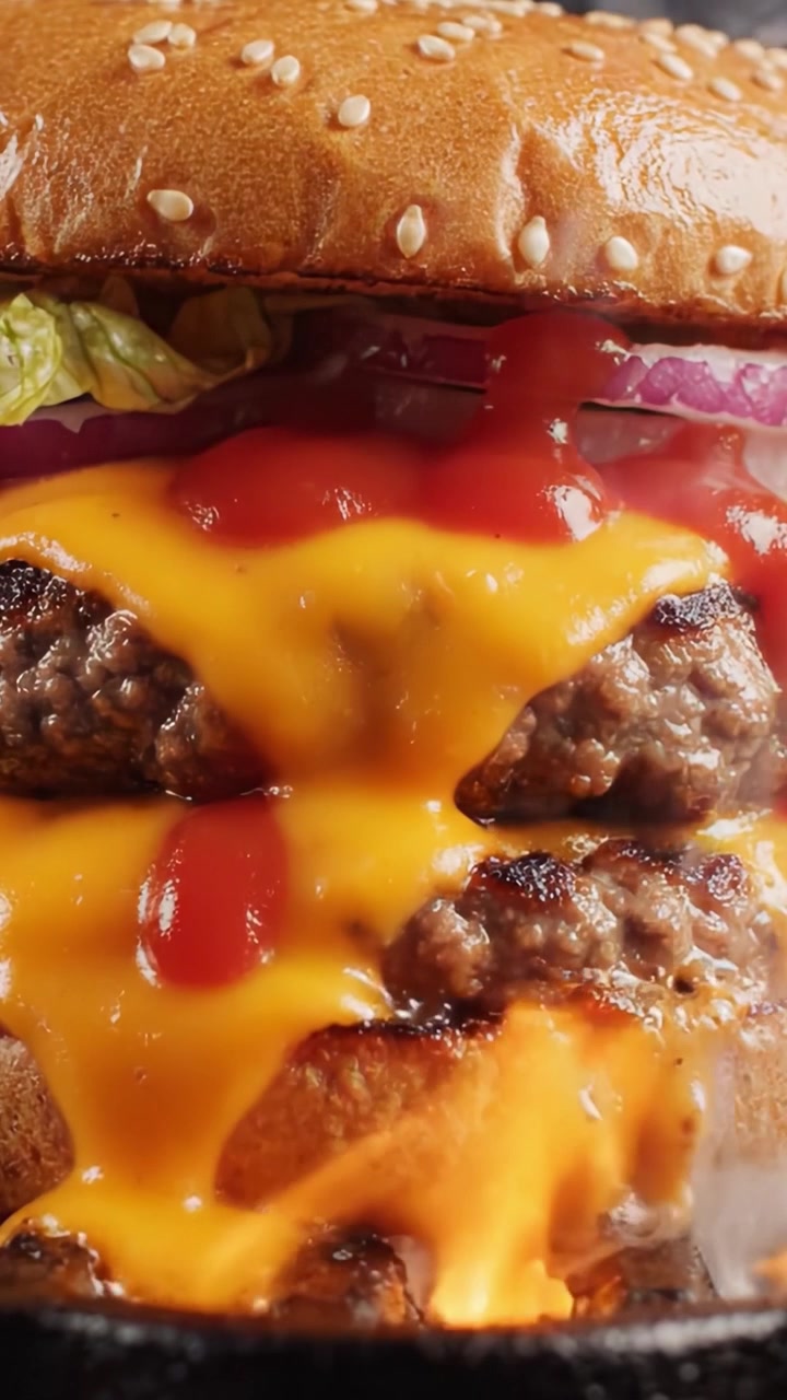 Doppio Cheeseburger Appetitoso con Formaggio Fuso e Ingredienti Freschi, Perfettamente Grigliato e Condito con Salse Classiche in un Panino al Sesamo Tostato