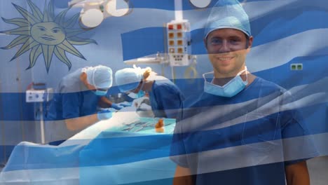 Animation-of-flag-of-uruguay-waving-over-surgeons-in-face-masks