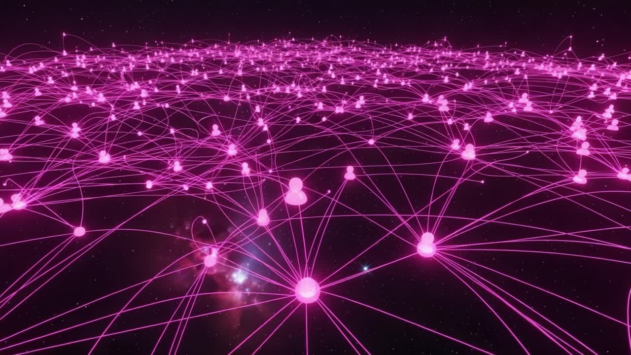 A Mesmerizing Universe of Interconnected Nodes and Lines, Showcasing Vibrant Pink Webs of Networking in a Cosmic Environment