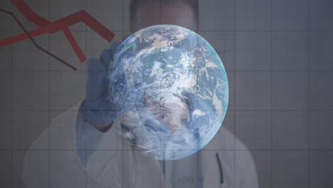 Animation-of-red-lines-recording-with-globe-over-male-doctor-holding-vaccination-wearing-face-mask