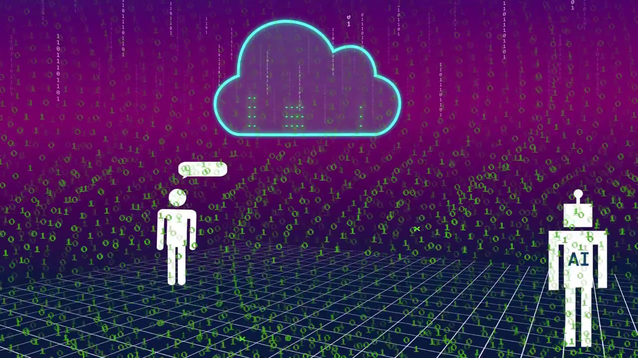 Cloud emerging above grid, binary digits raining and forming columns, human and AI exchanging data