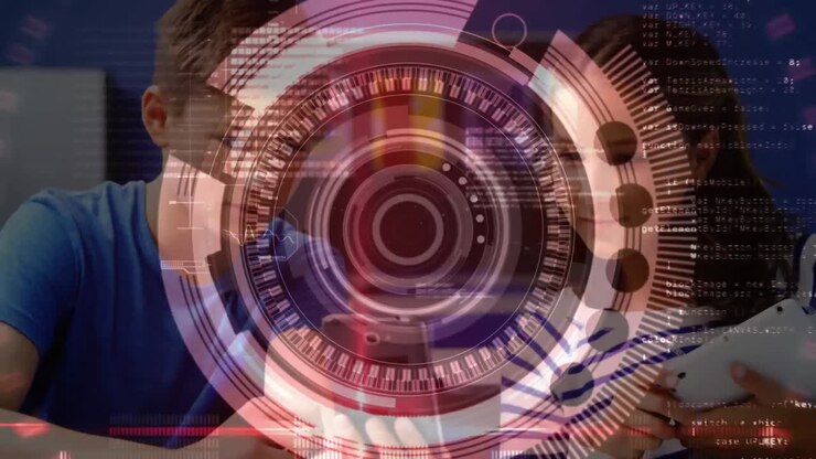 Scansione e elaborazione dei dati sullo sfondo di un ragazzo e una ragazza che discutono tramite smartphone