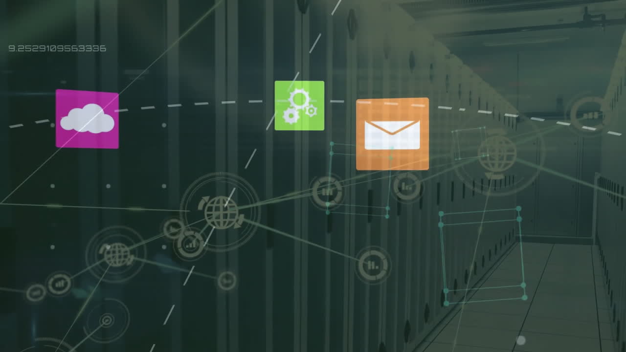 Animation of cloud icon and network of connections with icons over computer servers
