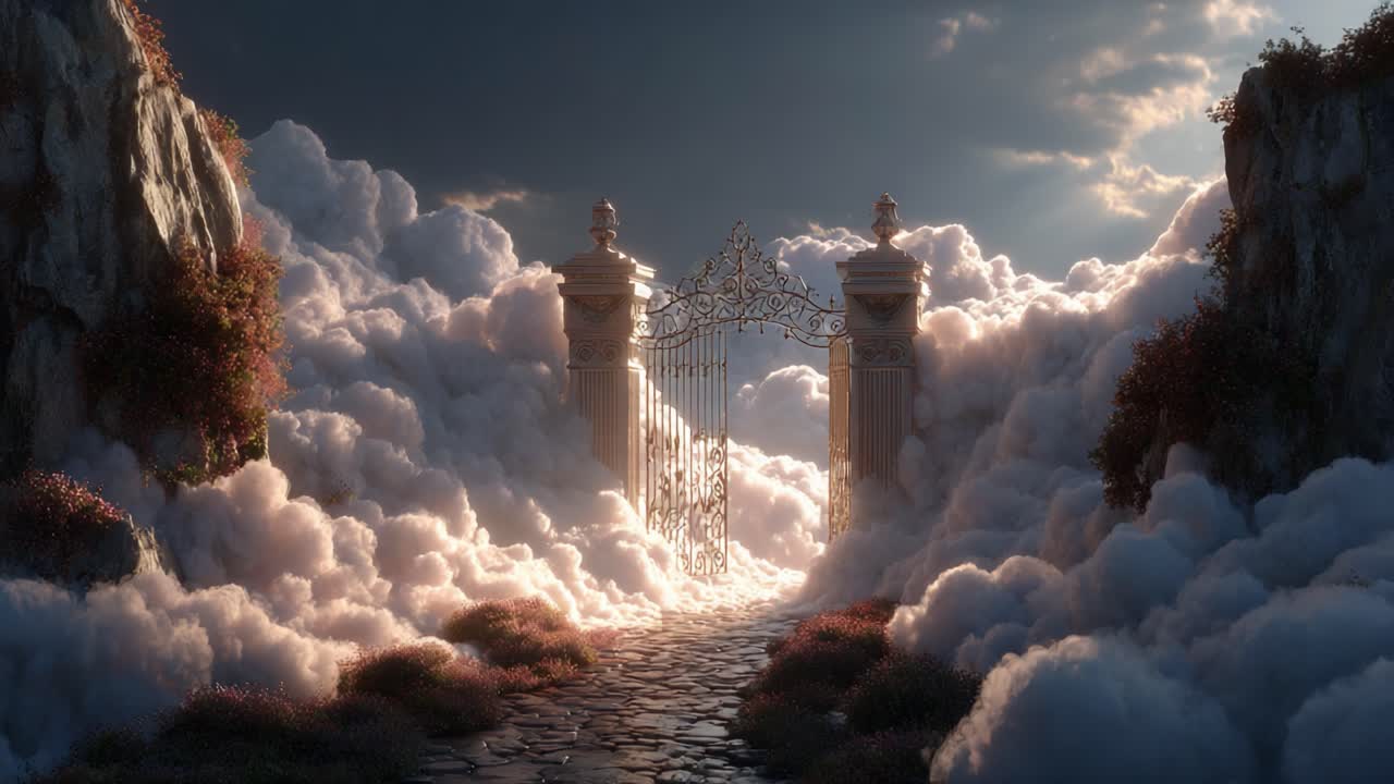 A Dreamy Pathway Through the Clouds Opens Up to an Enchanted Gate Surrounded by Ethereal Light and Lush Flora, Inviting Exploration Beyond the Horizon