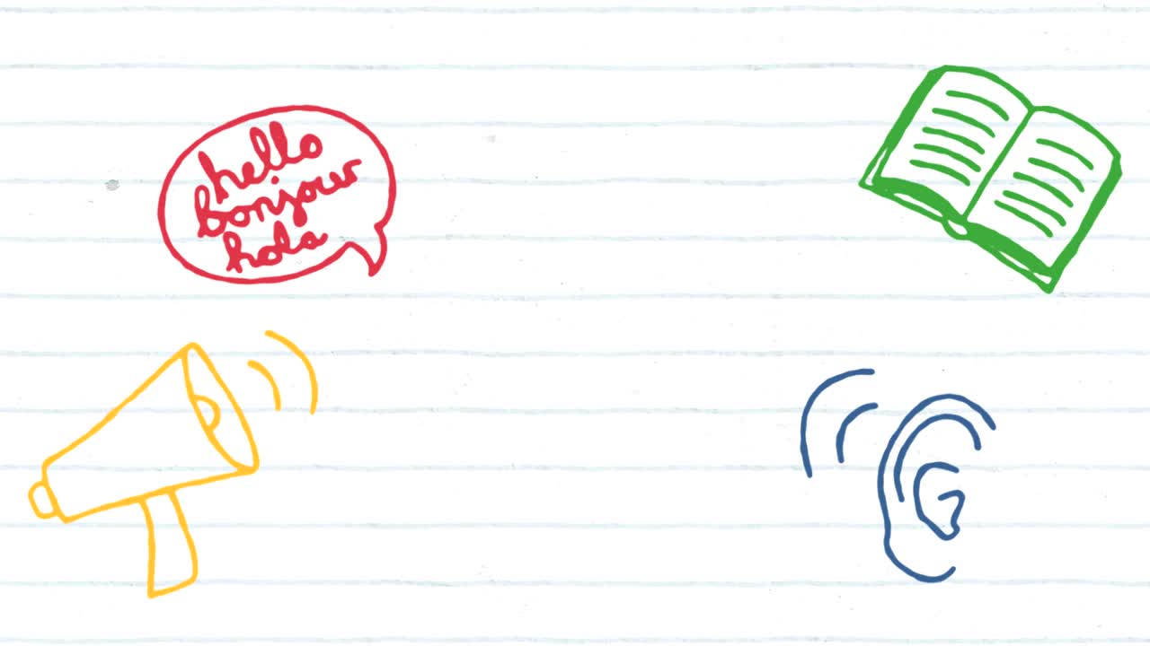 Animation of school pictograms on a white striped background.