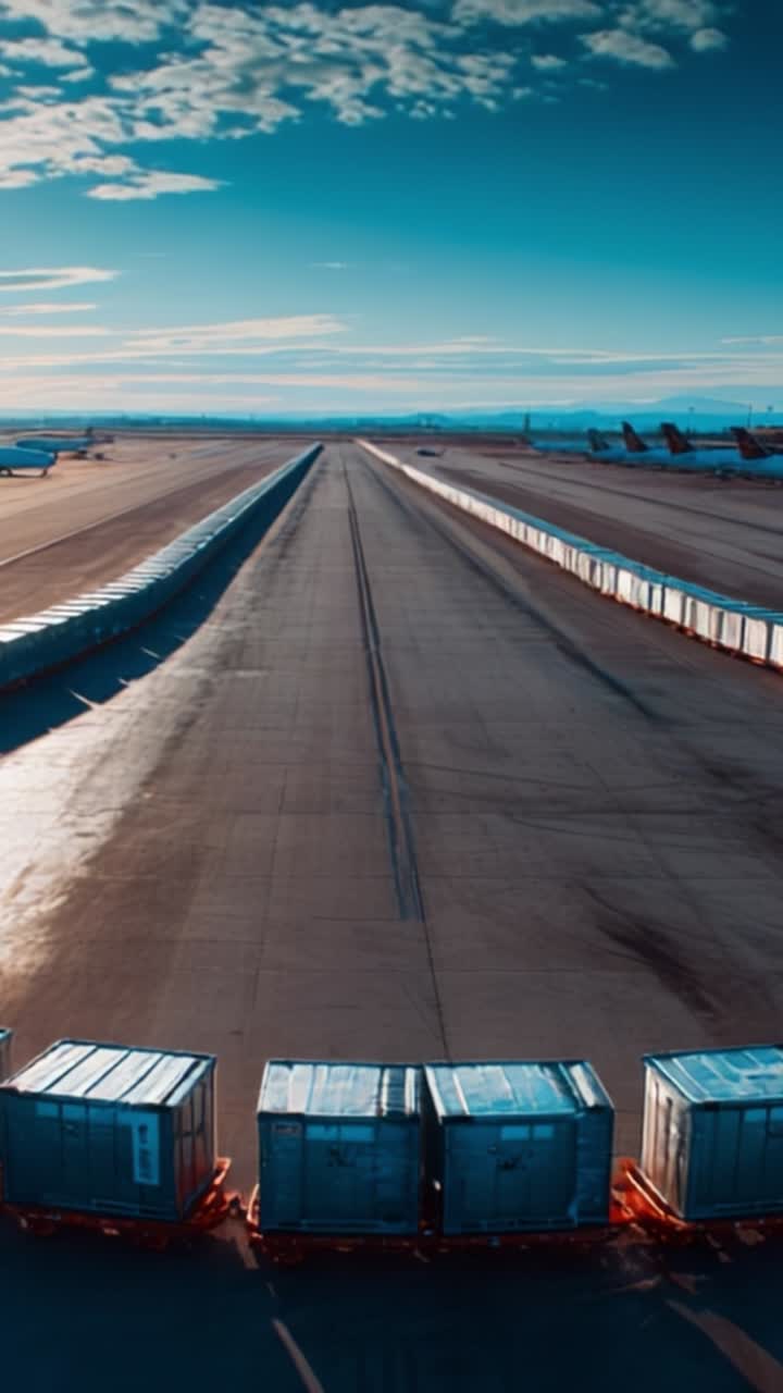 Vast Airport Runway with Cargo Containers and Clear Sky, Captured in Early Morning Light - Aerial View of Ground Operations and Awaiting Aircraft
