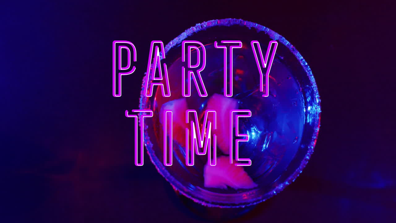 Animation of party time neon text and cocktail on blue background