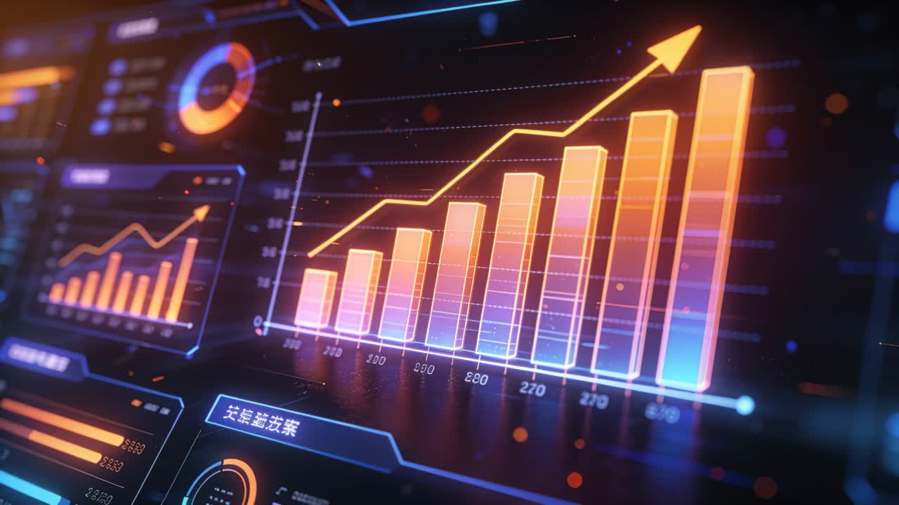 Startutløst zoomende kamera mot et 3D-stolpediagram på mørk HUD, som fremhever en oppadgående trend, med partikler.