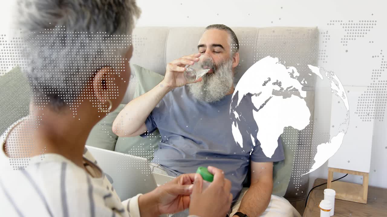 Woman showing pill, handing pill; partner swallowing water for health, overlay appearing beside