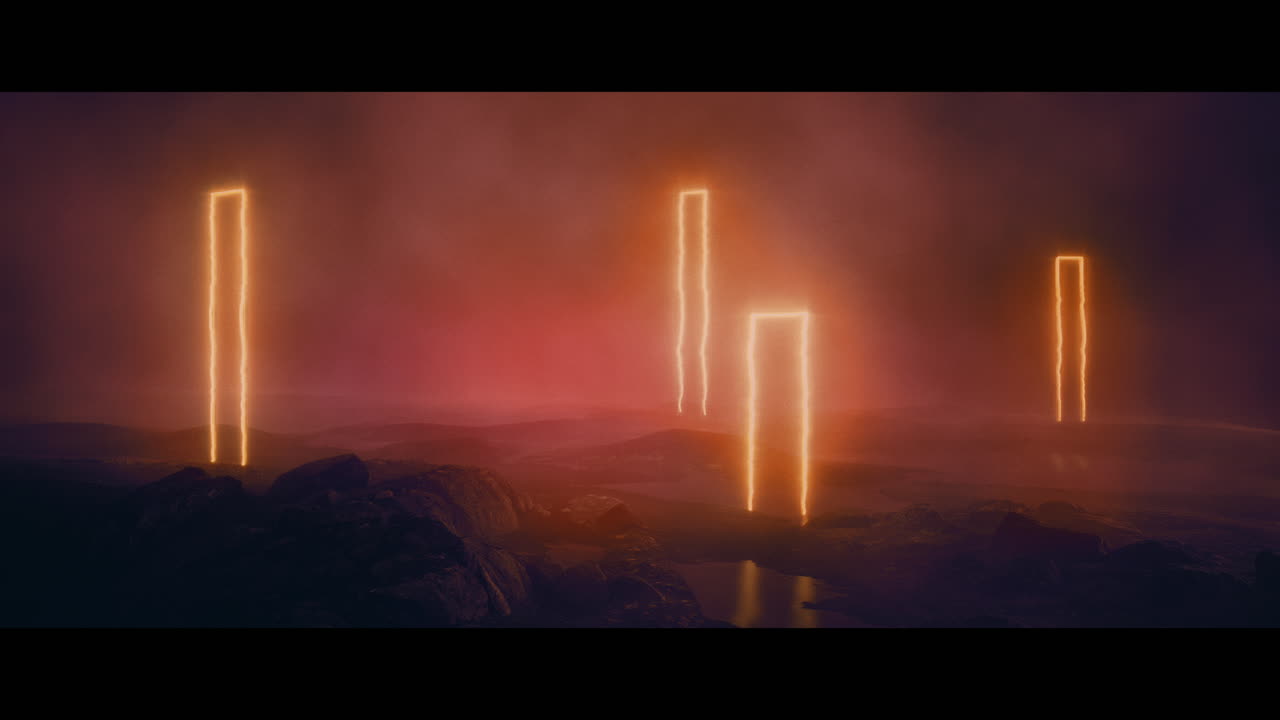 Rocky landscape with huge red light portal structures