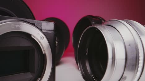 close-up of camera lenses and equipment