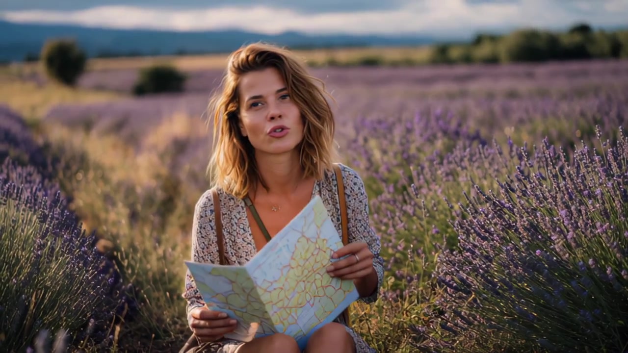 Filmato cinematografico di una giovane donna seduta tra file di lavanda in fiore e che studia una mappa cartacea alla calda luce della sera, paesaggio rurale sullo sfondo