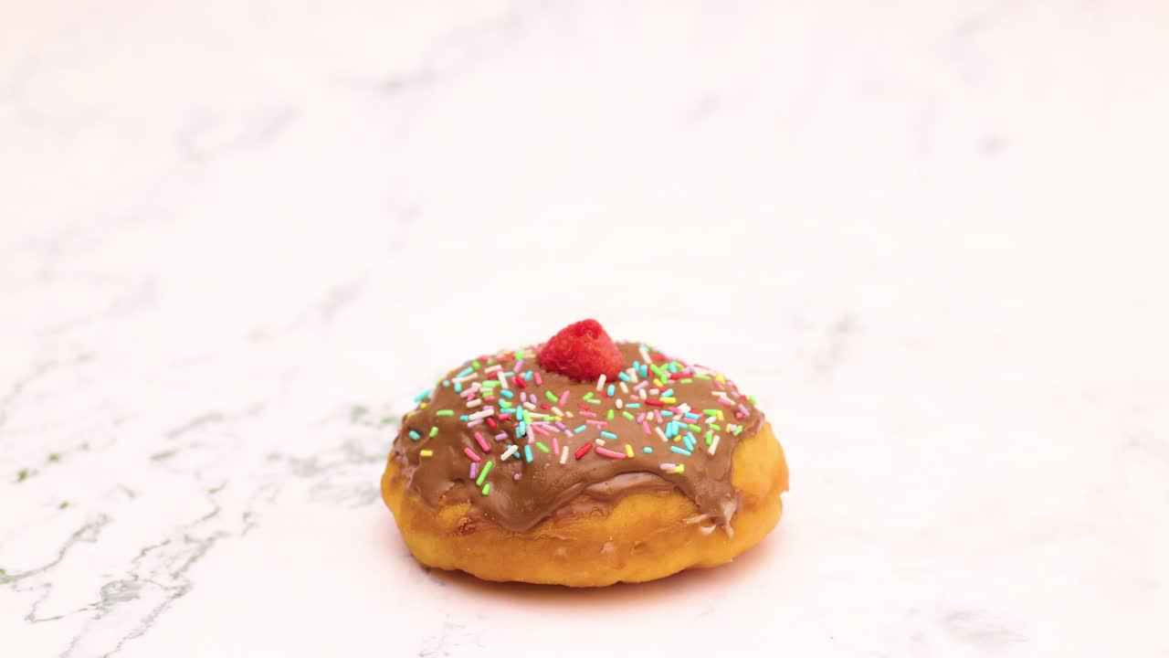 вкусные и сладкие пончики, украшенные шоколадом и малиной, вращаются по кругу - остановите движение