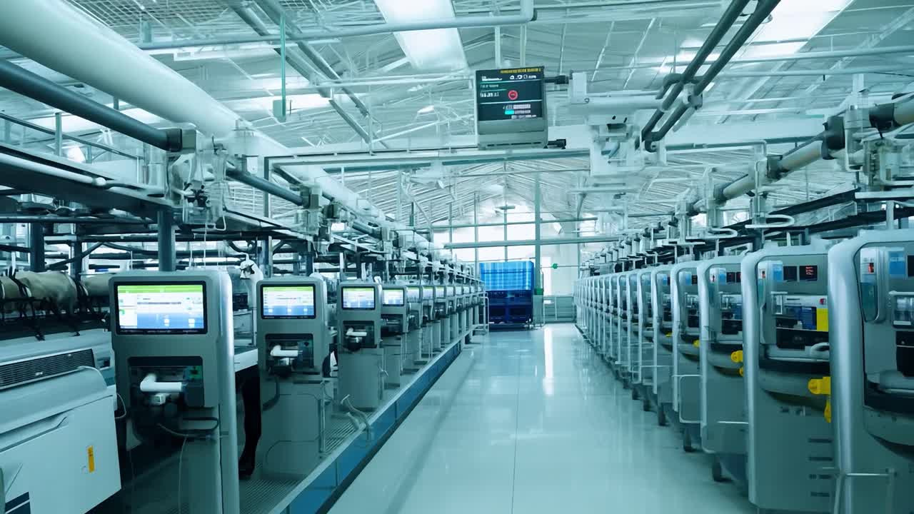 한 노동자가 공장에서 긴 조립 라인의 한가운데에 서 있습니다.