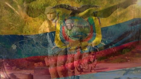 animación de la bandera de colombia sobre varios soldados varones caminando con armas