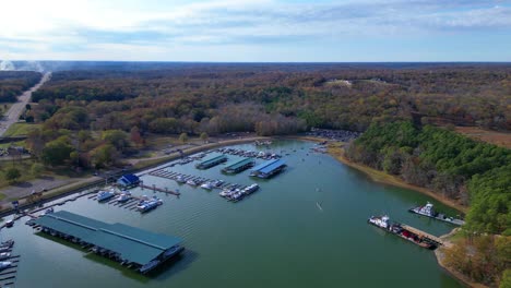 aerial flyaway shot of scenic harbor located in paris landing, tennessee