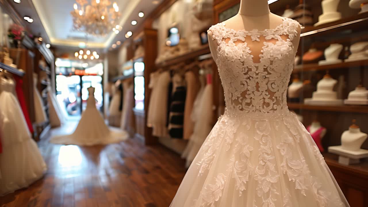 Elegant Bridal Gowns on Display in a Wedding Dress Shop