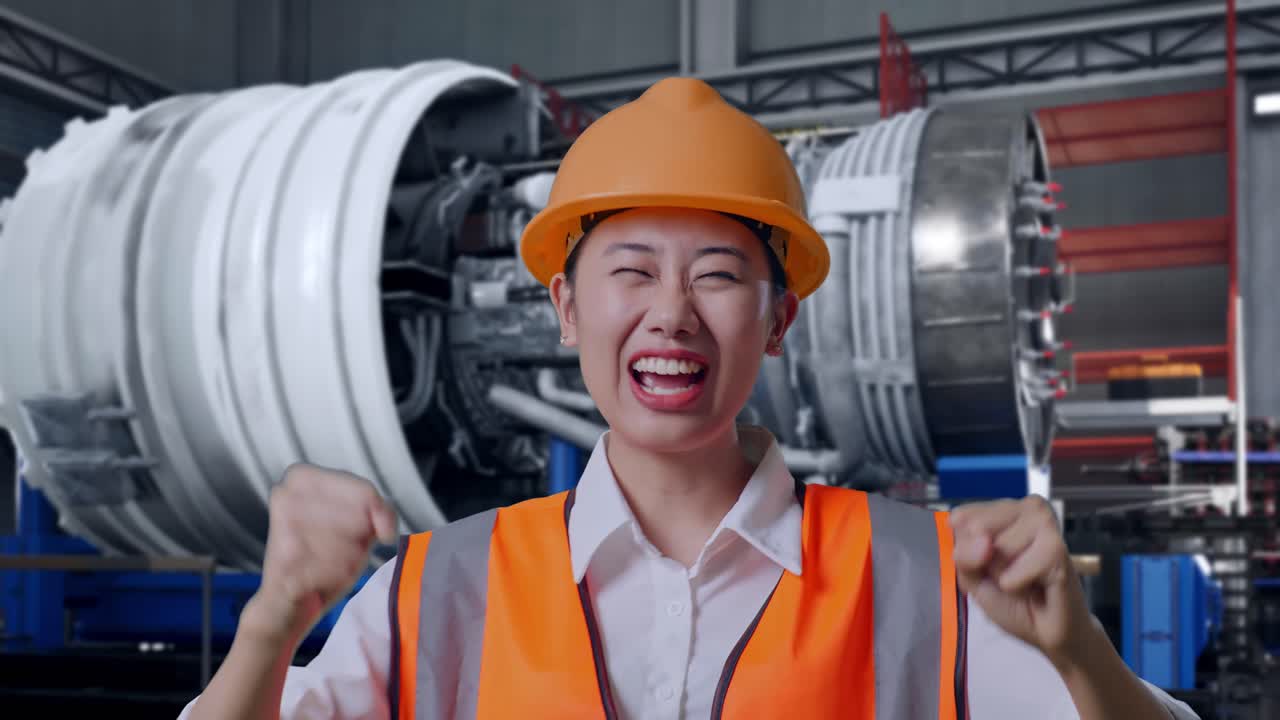 Close Up Of Asian Female Engineer With Safety Helmet Screaming Goal And Dancing Celebrating With Airplane Engine Maintenance Conducted