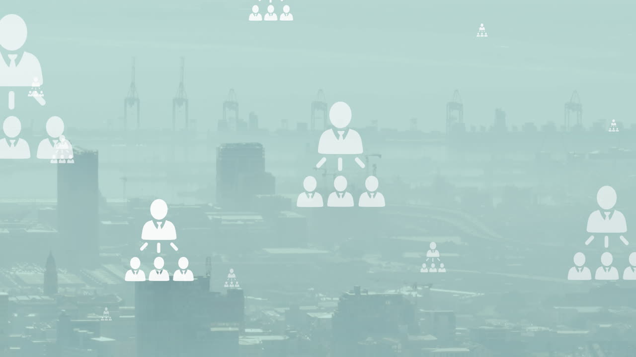 도시 풍경의 공중 전망에 대해 떠다니는 프로필 아이콘 네트워크의 애니메이션