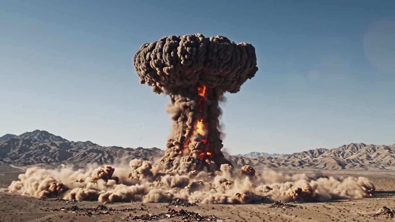 Atemberaubende Bilder einer Wüstenexplosion: Vom anfänglichen hellen Blitz zur massiven Pilzwolke, die eine dramatische Transformation der Landschaft enthüllt