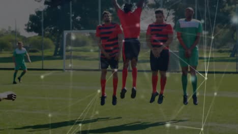 animation of network of connections over football players practicing on football field