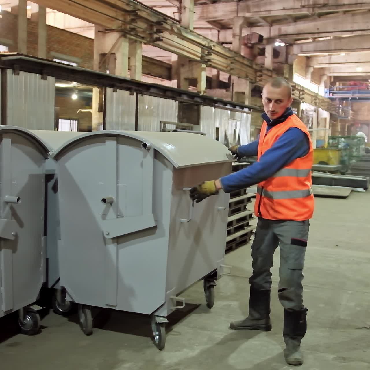 Industrial plant inside. Worker puts ready garbage bins on the factory. Interior of manufacturing.