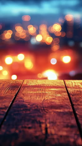 een houten tafel met een uitzicht op de stad op de achtergrond. de stadsverlichting wordt op de tafel weerspiegeld en creëert een warme en uitnodigende sfeer