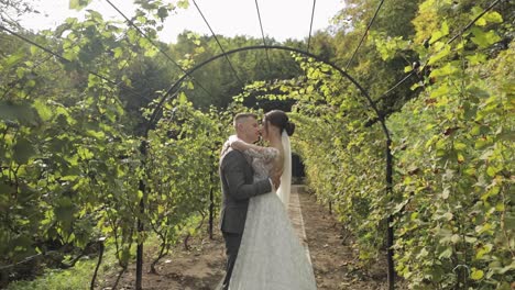 lovely newlyweds caucasian bride embracing groom in park making kiss, wedding couple family hugging