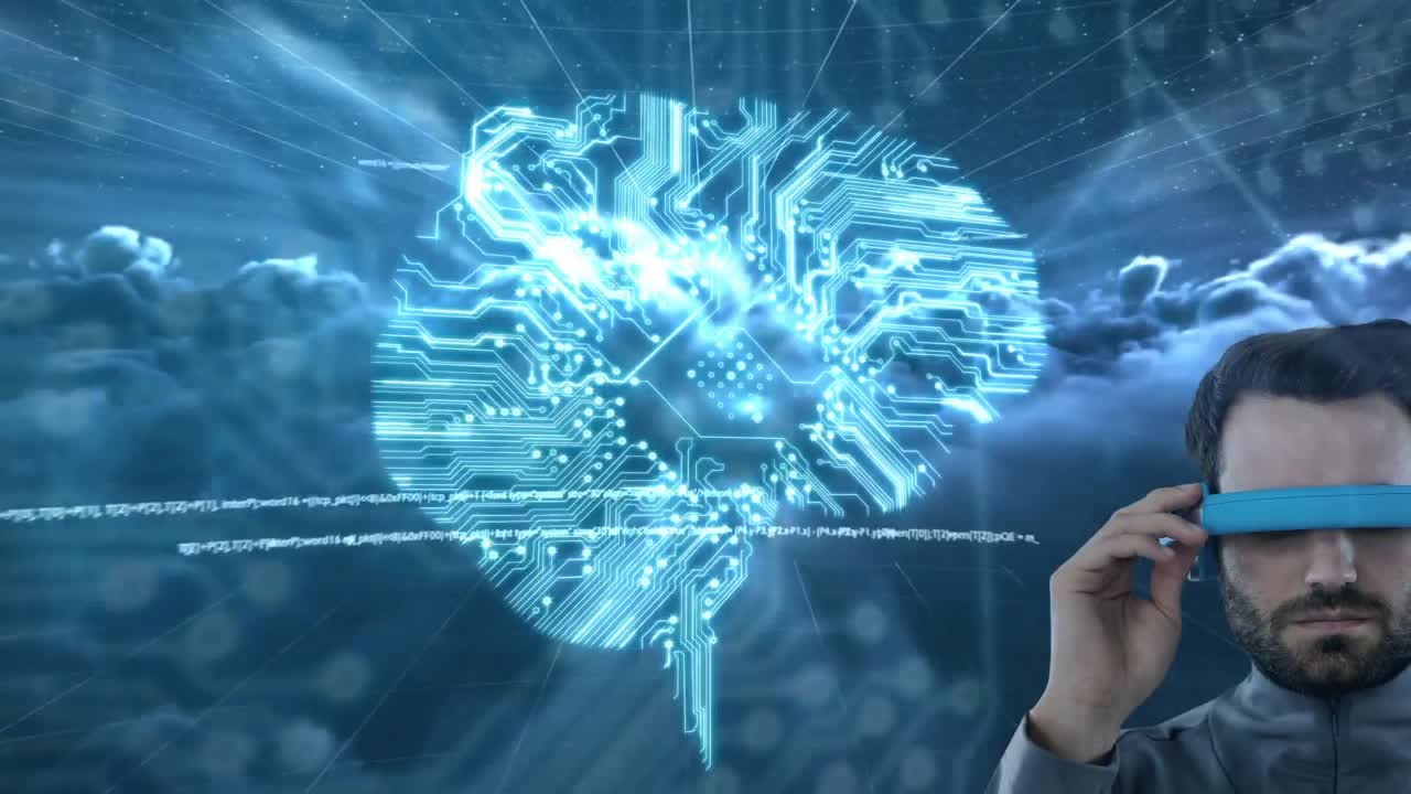 hombre caucásico con gafas vr sobre conexiones de microprocesador que forman un cerebro y procesamiento de datos